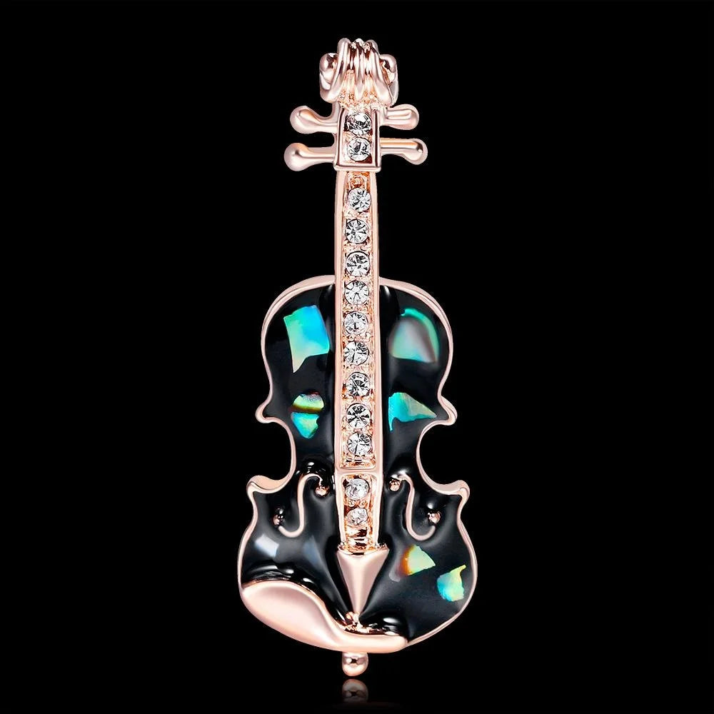 Elegant Violin Brooch With Black Enamel Mother Of Pearl And Rhinestone Zircon, Women's Lapel Pin Gift