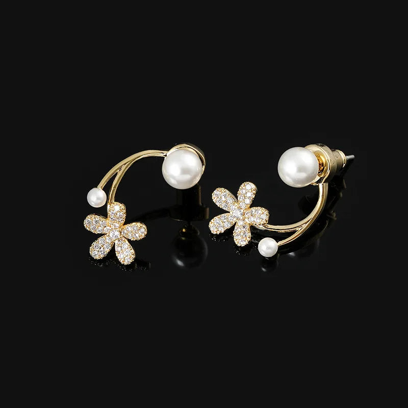 Luxury Pearl Flower Rhinestone Spiral Stud & Clip On No Piercing Gold Alloy Drop Women's Earrings
