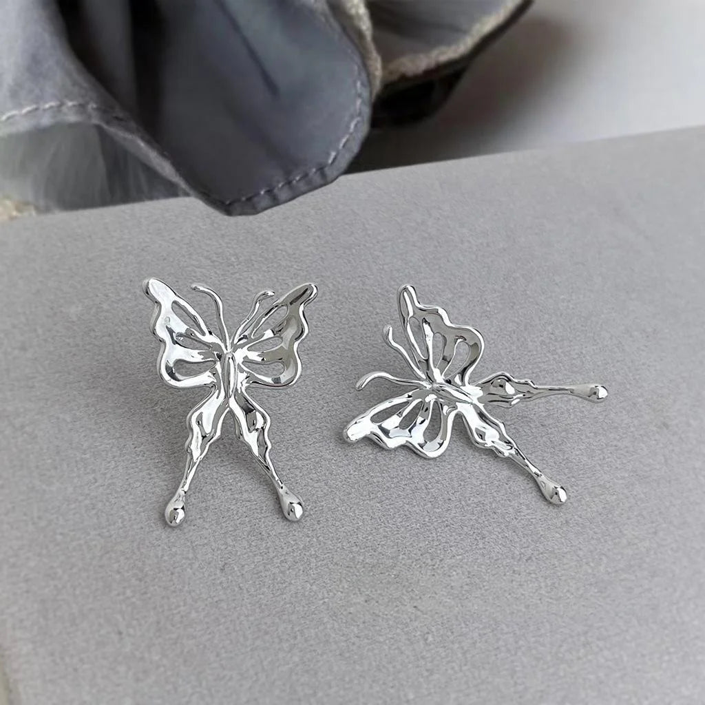 Sweet Cool Silver Tone Copper Liquid Butterfly Hollow Wing Drop Earrings For Women