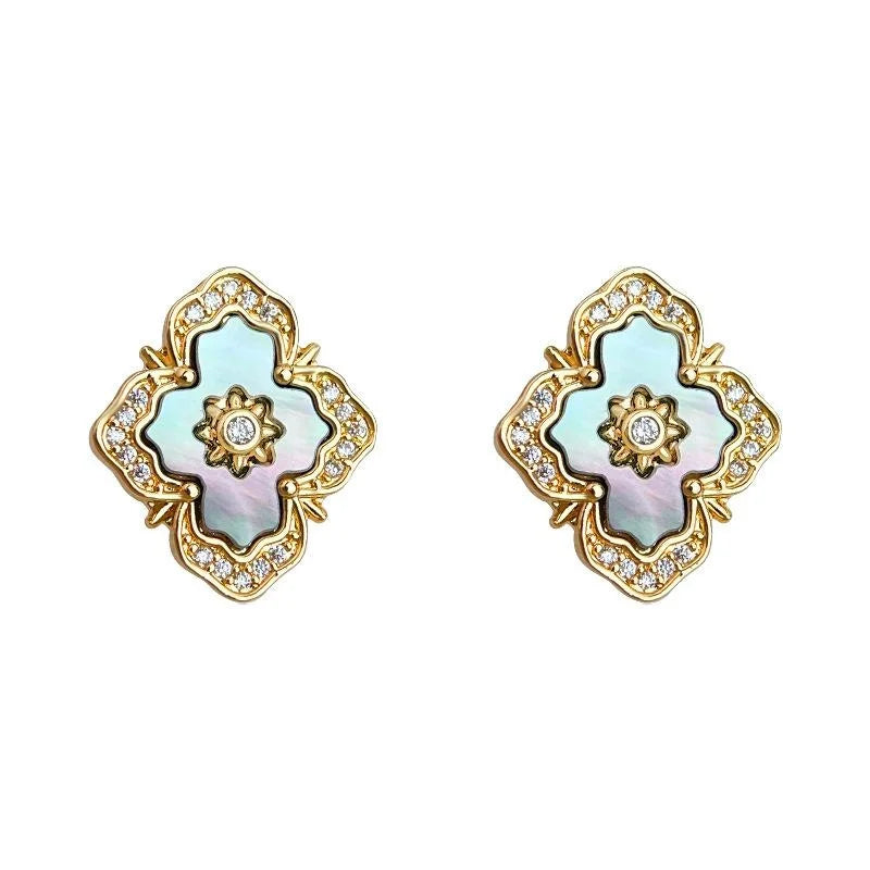 French Vintage Real Shell Cross Stud Earrings With Micro Pave Zircon 14K Plated