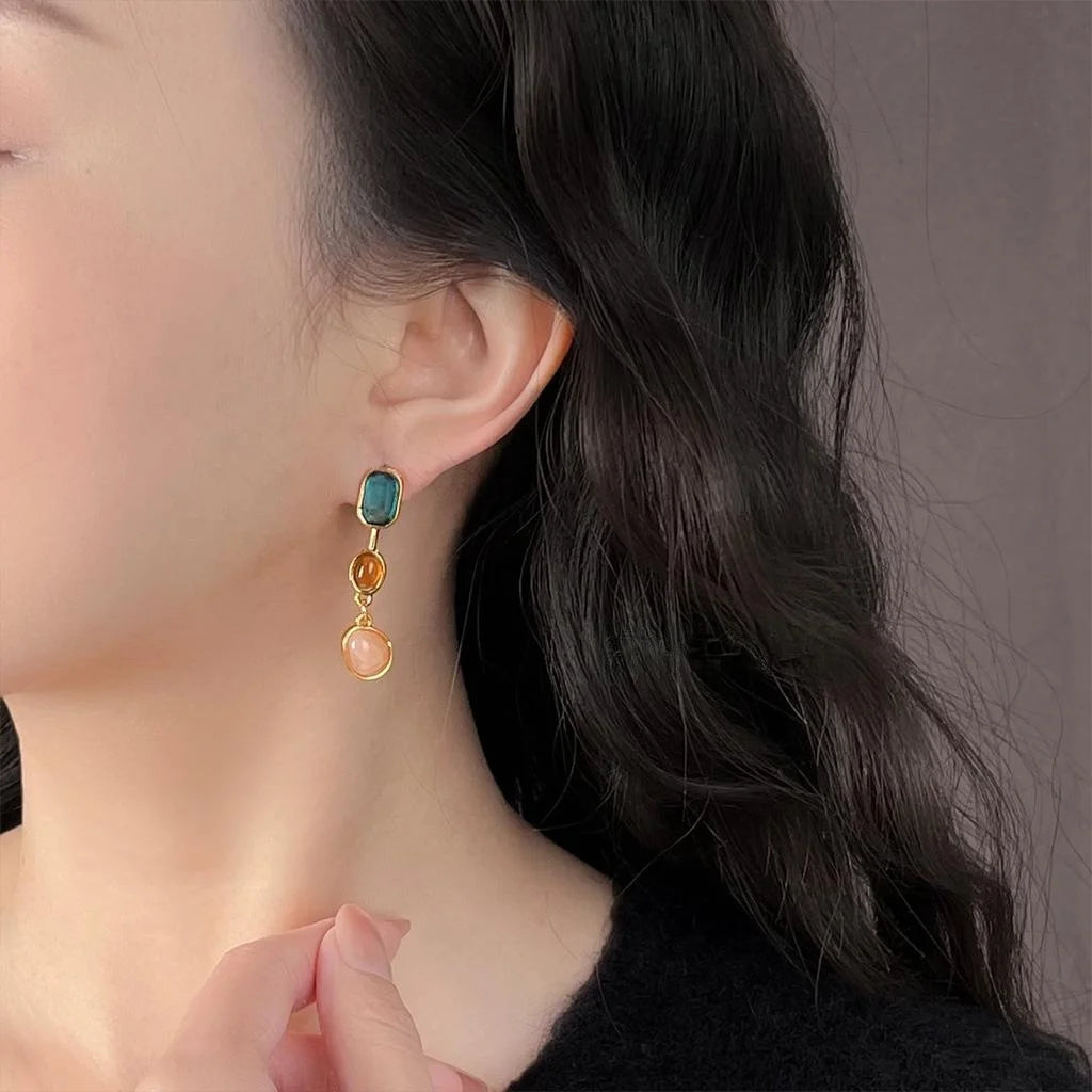 Sweet Vacation Geometric Colorblock Long Tassel Copper Drop Earrings