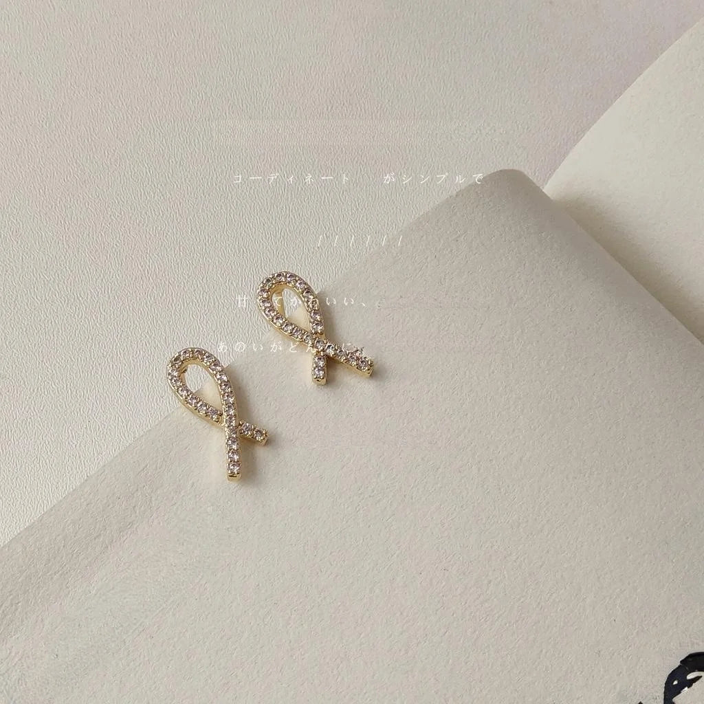 Minimalist Copper Zircon Micro Pave Bow Knot Geometric Stud Earrings For Women