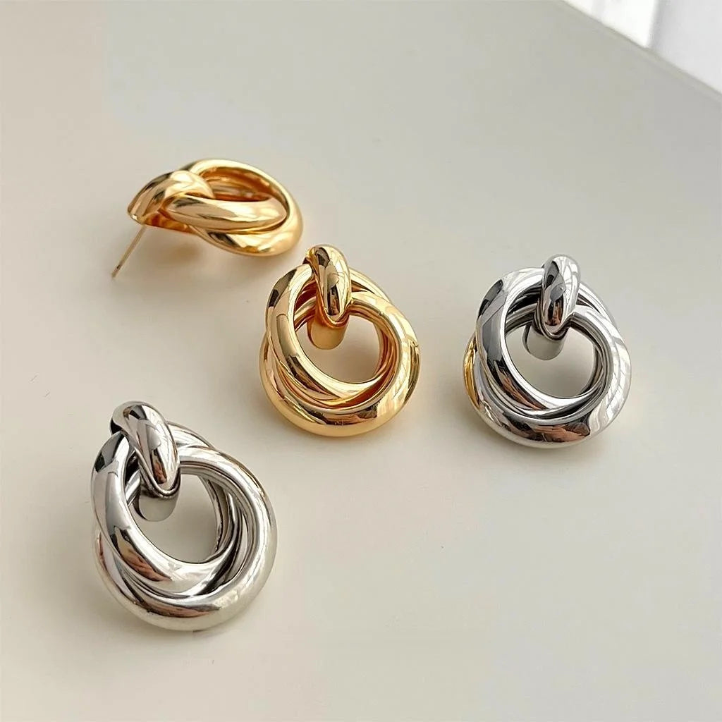 14K Gold Plated Copper Geometric 3D Rope Knot Drop Earrings For Elegant Office Style