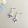 Sweet Enamel Butterfly Drop Earrings With Pearl Copper Handmade Elegant Forest Style Jewelry