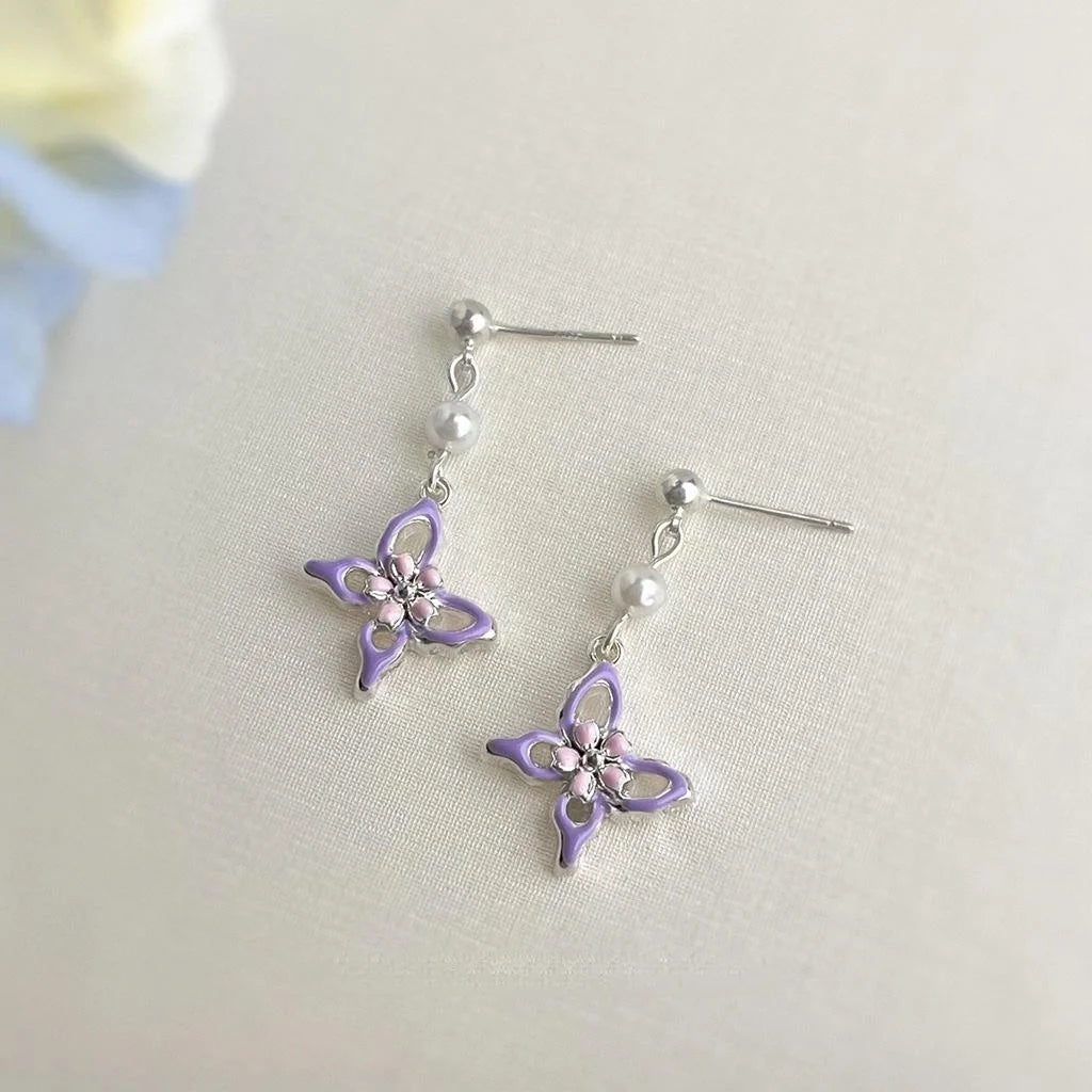 Sweet Enamel Butterfly Drop Earrings With Pearl Copper Handmade Elegant Forest Style Jewelry