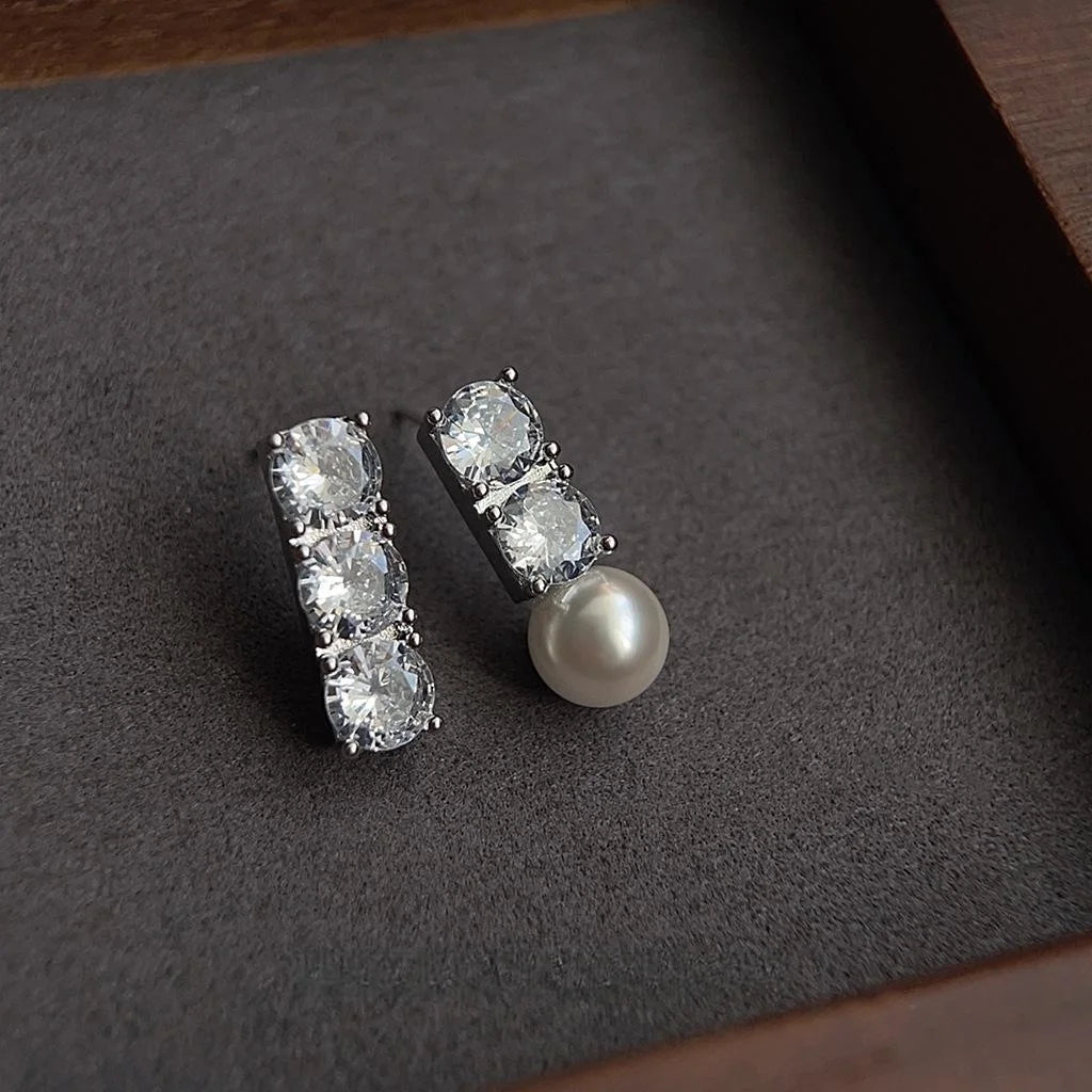 Geometric Asymmetric Glass Pearl Stud Earrings Copper Micro Pave Zircon Minimalist Office Jewelry