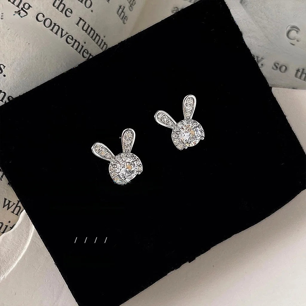 Cute Rabbit Micro Pave Zircon Copper Stud Earrings Simple Sweet Animal Design Jewelry