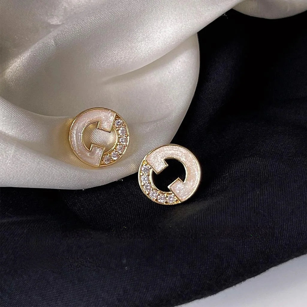 French Style Micro Pave Zircon Hollow Letter Round Copper Stud Earrings