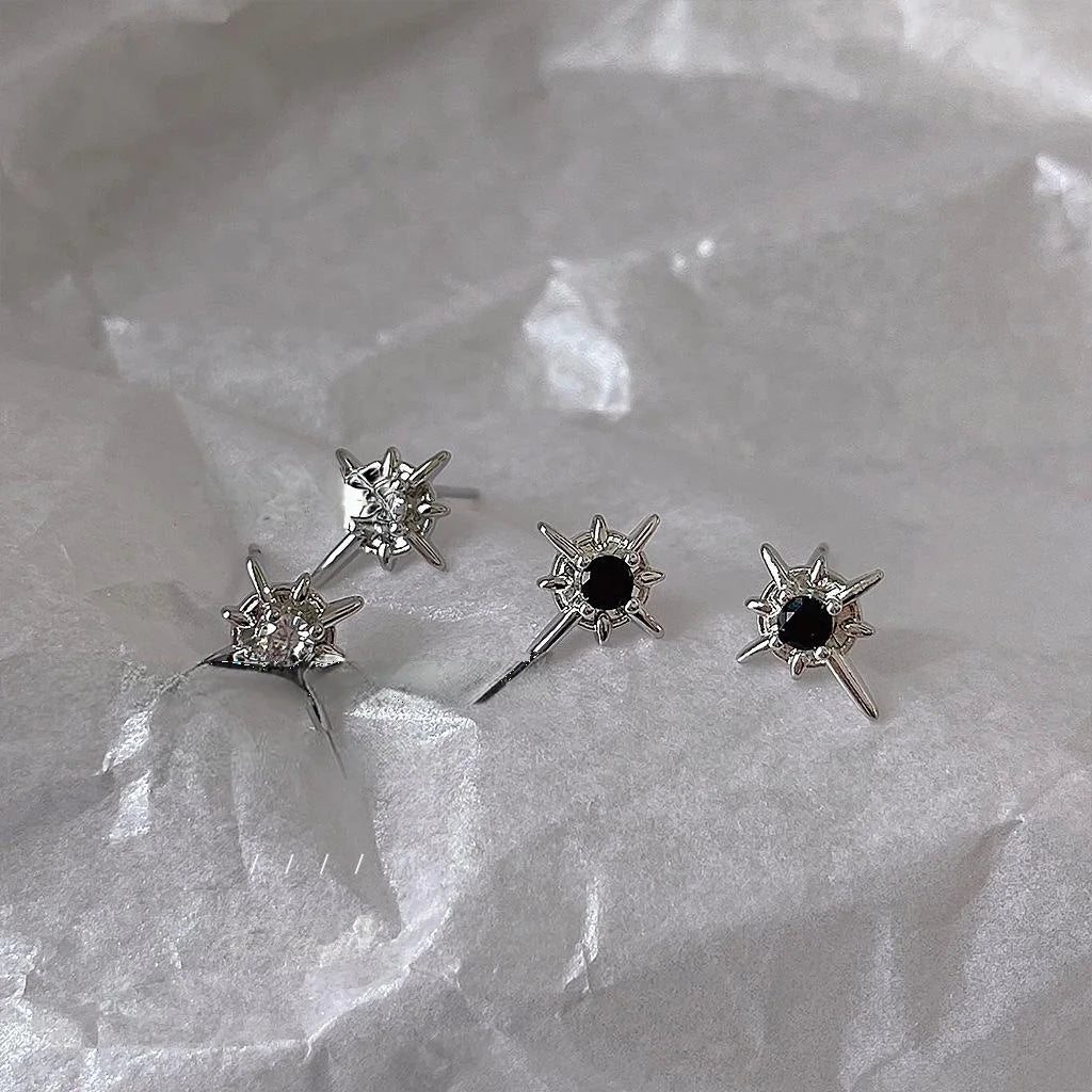 Minimalist Six Point Star Stud Earrings Micro Pave Zircon Copper Korean Style Black White Jewelry