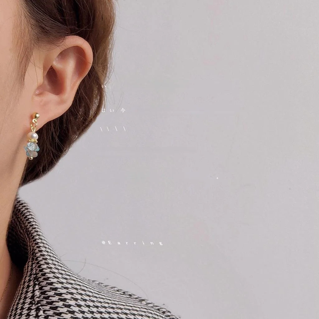 Handmade Aquamarine Chip Freshwater Pearl Stud Earrings 14K Gold Plated Geometric Jewelry