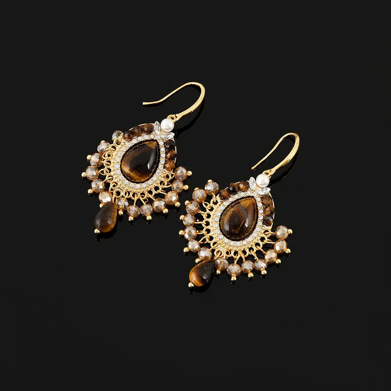 Vintage Ethnic Teardrop Tiger Eye Crystal Pearl Tassel Stud & Clip On No Piercing Earrings