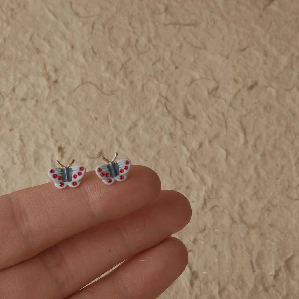 Vintage Mini Butterfly Stud Earrings 14K Gold Plated Copper Enamel Drip Oil Jewelry