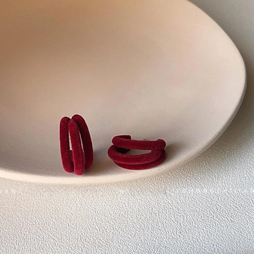 Burgundy Flocked U-Shaped Hoop Drop Earrings, Premium Geometric Jewelry