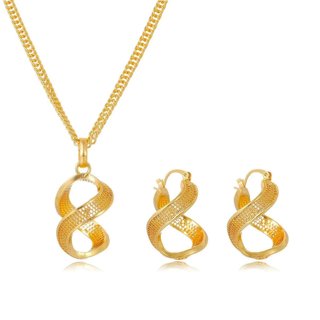 24K Gold Plated Alloy Twisted Geometric Earrings And Necklace Jewelry Set, Luxury Bridal Wedding Party Gift