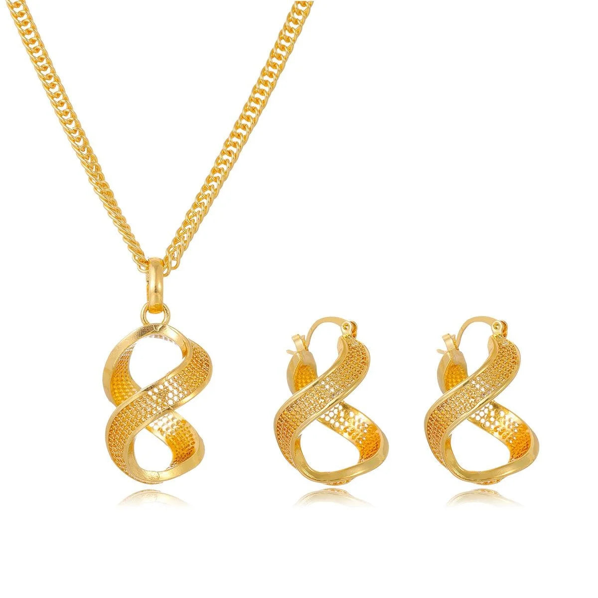 24K Gold Plated Alloy Twisted Geometric Earrings And Necklace Jewelry Set, Luxury Bridal Wedding Party Gift