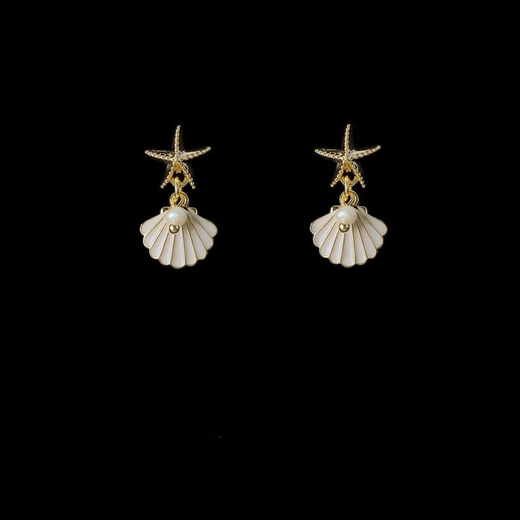 14K Plated Alloy Starfish Stud Earrings With Pearl Shell Korean Fresh Style Jewelry