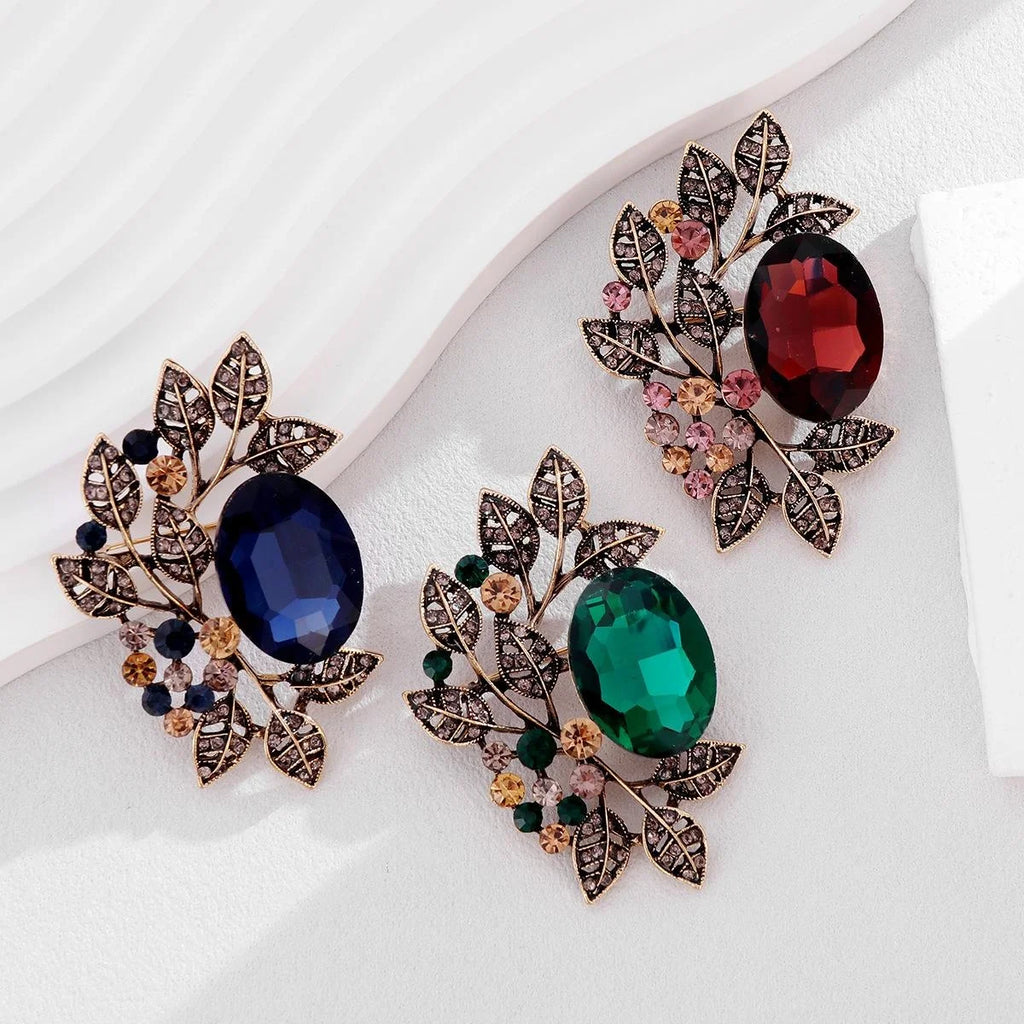 Vintage Olive Leaf Brooch With Blue Crystal And Rhinestone Alloy Branch, Elegant Lapel Pin Suit Accessory