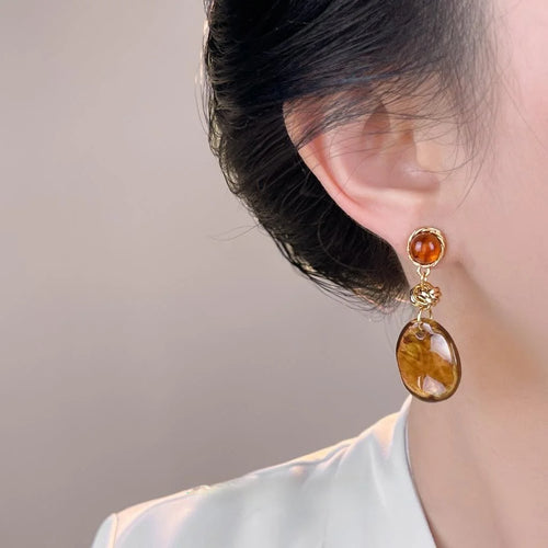Handmade Maillard Style Amber Resin Geometric Tassel Drop Earrings