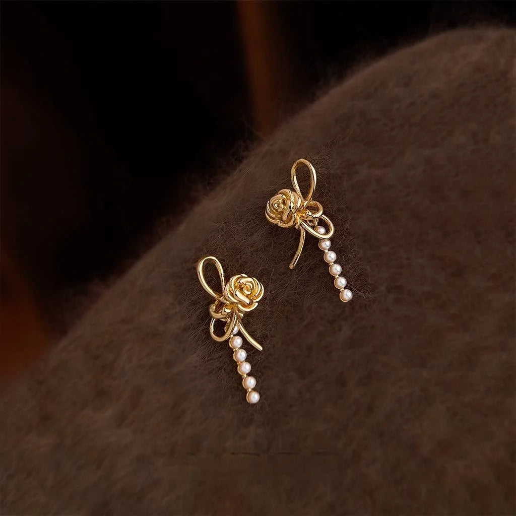 Light Luxury Rose Flower Pearl Copper Drop Earrings For Women