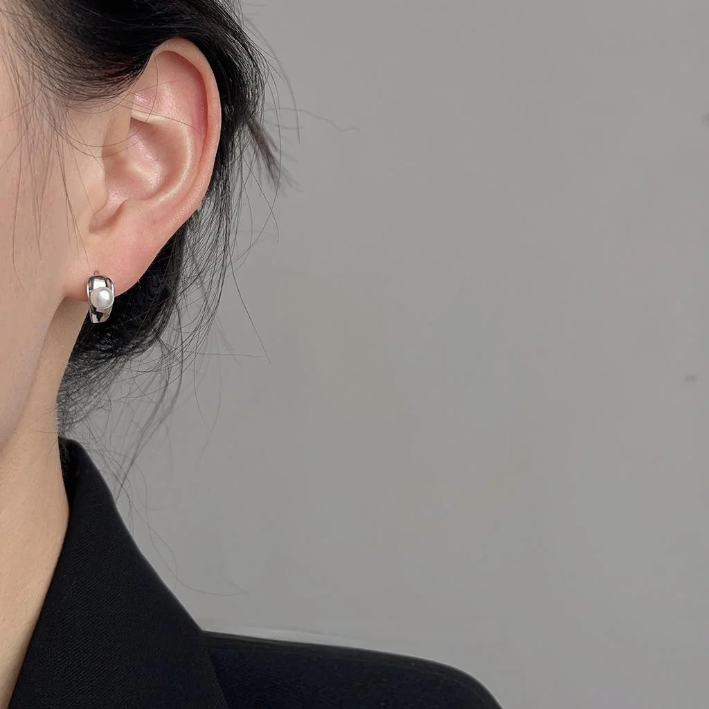 Freshwater Pearl Copper Geometric Hoop Stud Earrings Minimalist Cool Style Jewelry