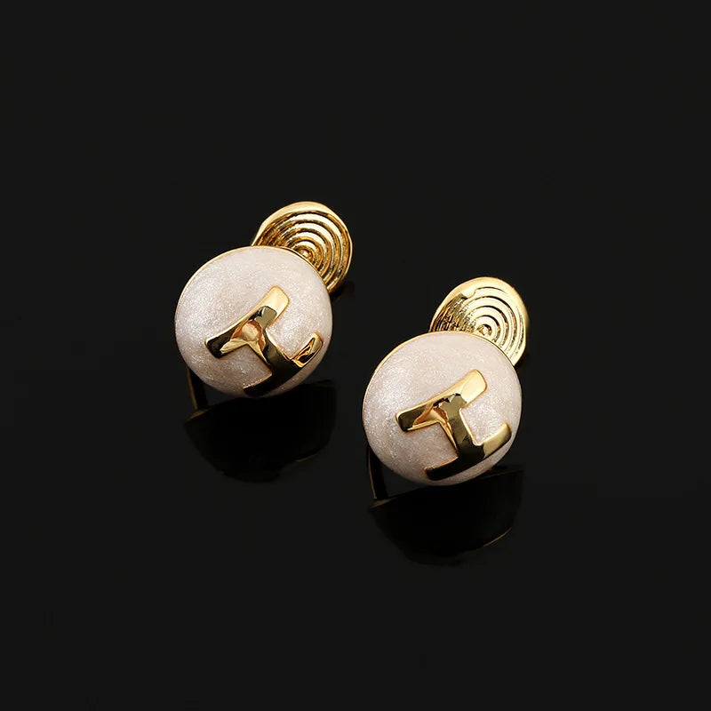 Elegant White Enamel Round Letter H Alloy Stud & Clip On No Piercing Women's Fashion Earrings