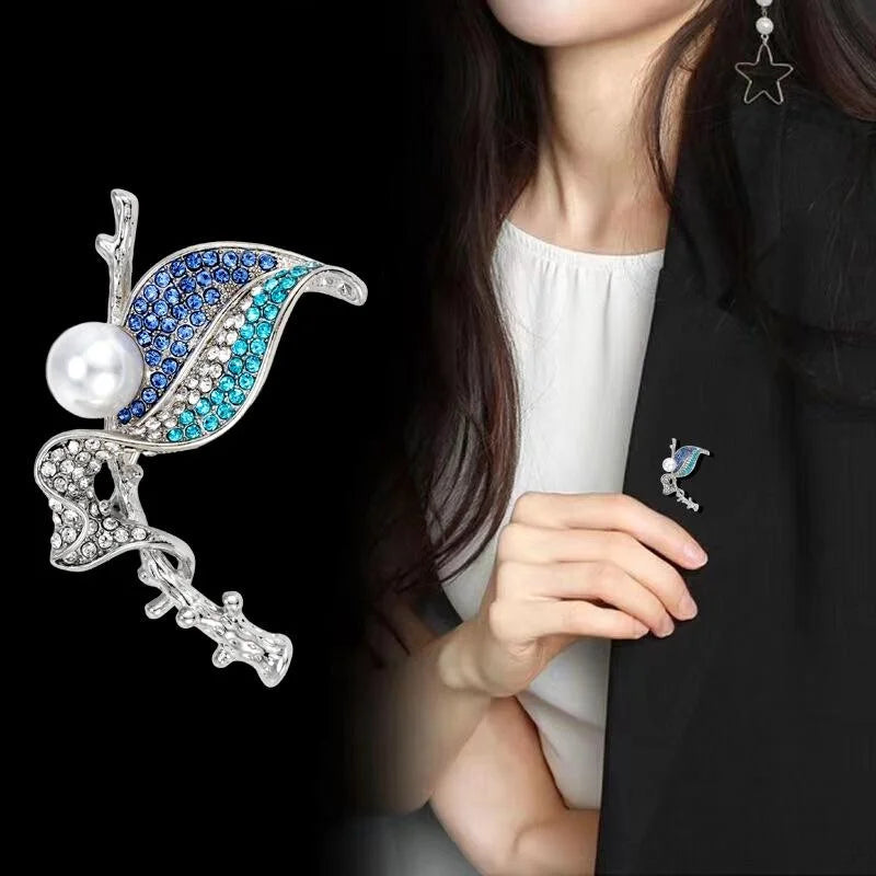 Elegant Pearl Leaf Brooch With Blue Rhinestone Alloy Branch, Luxury Lapel Pin Corsage For Suit And Sweater Gift