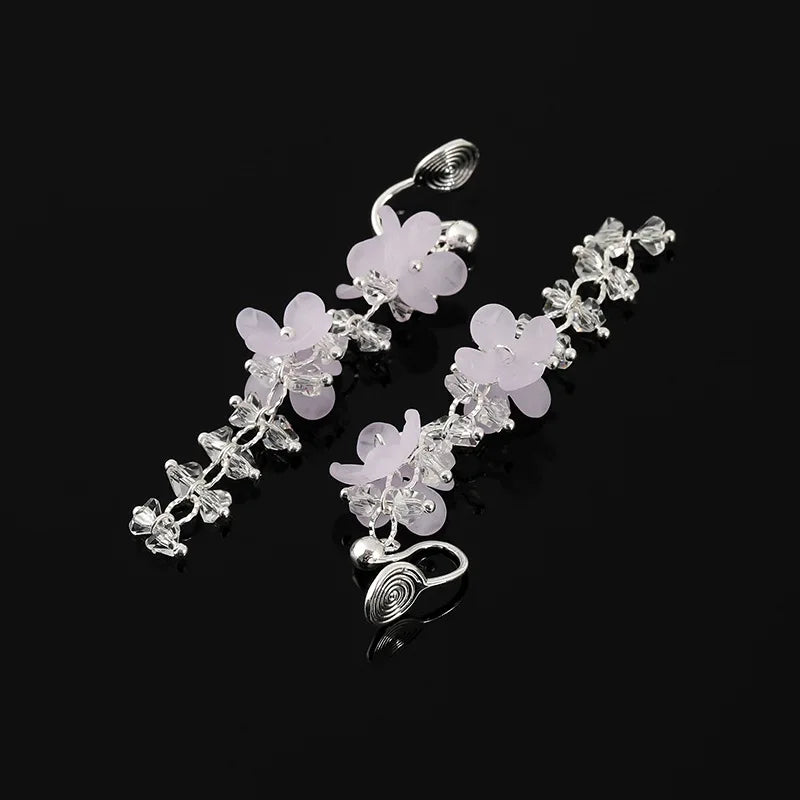 Elegant Light Purple Flower Crystal Long Tassel Stud & Clip On No Piercing Silver Alloy Earrings