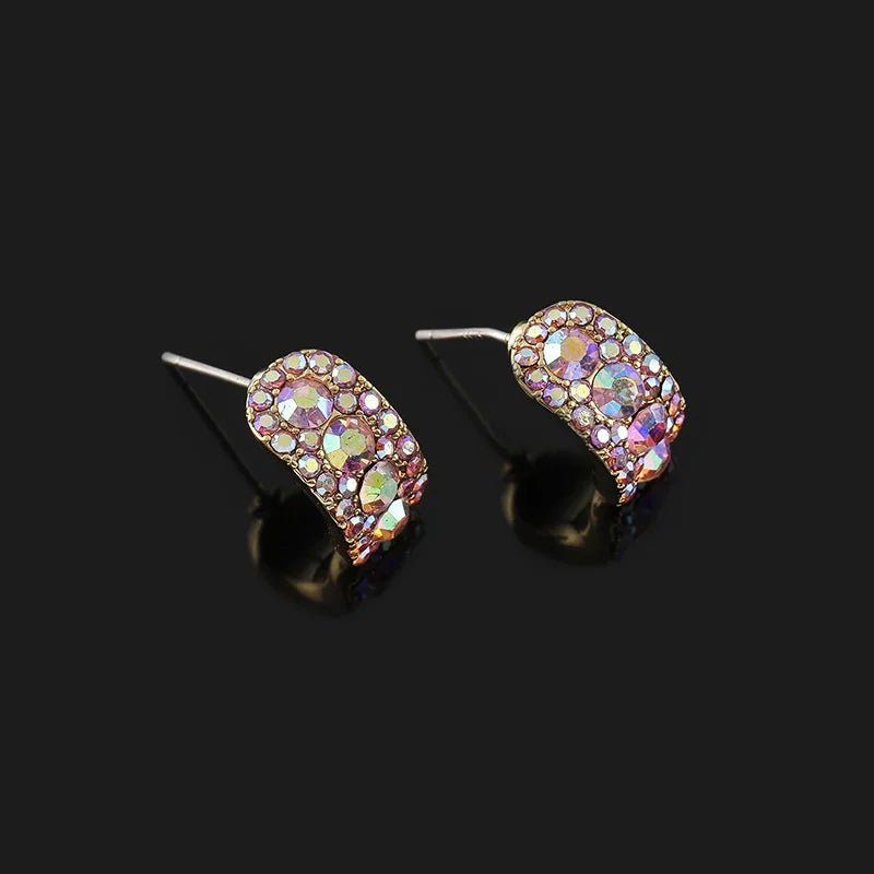 Luxury Iridescent Rhinestone Rectangular Hoop Stud & Clip On No Piercing Spiral Alloy Earrings