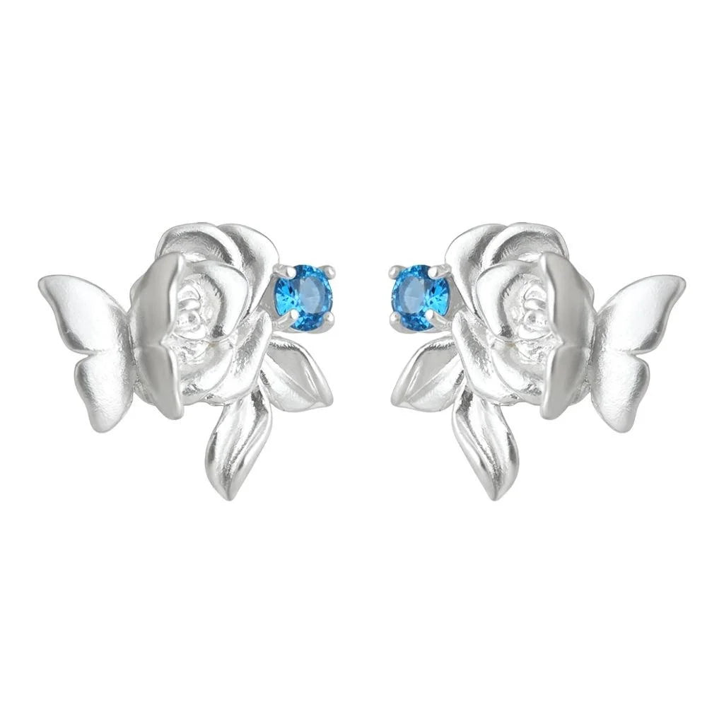 Copper Zircon Matte Butterfly Rose Flower New Chinese Style Stud Earrings