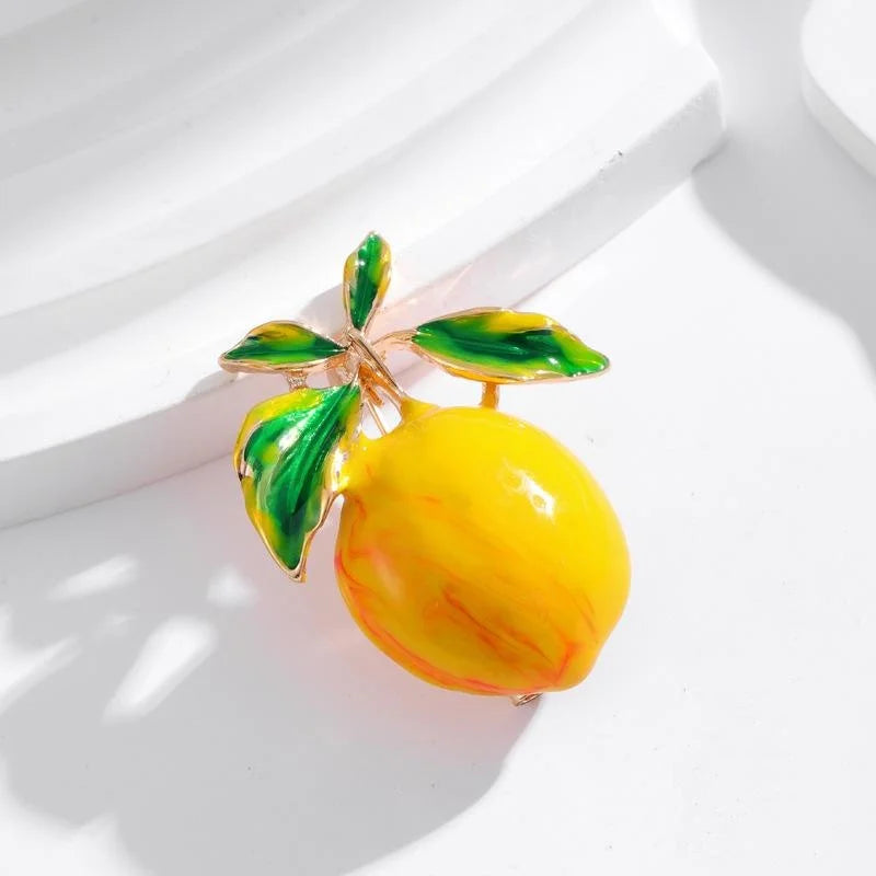 Fresh Lemon Fruit Enamel Alloy Brooch With Green Leaves, Cute Summer Lapel Pin Corsage Gift For Women