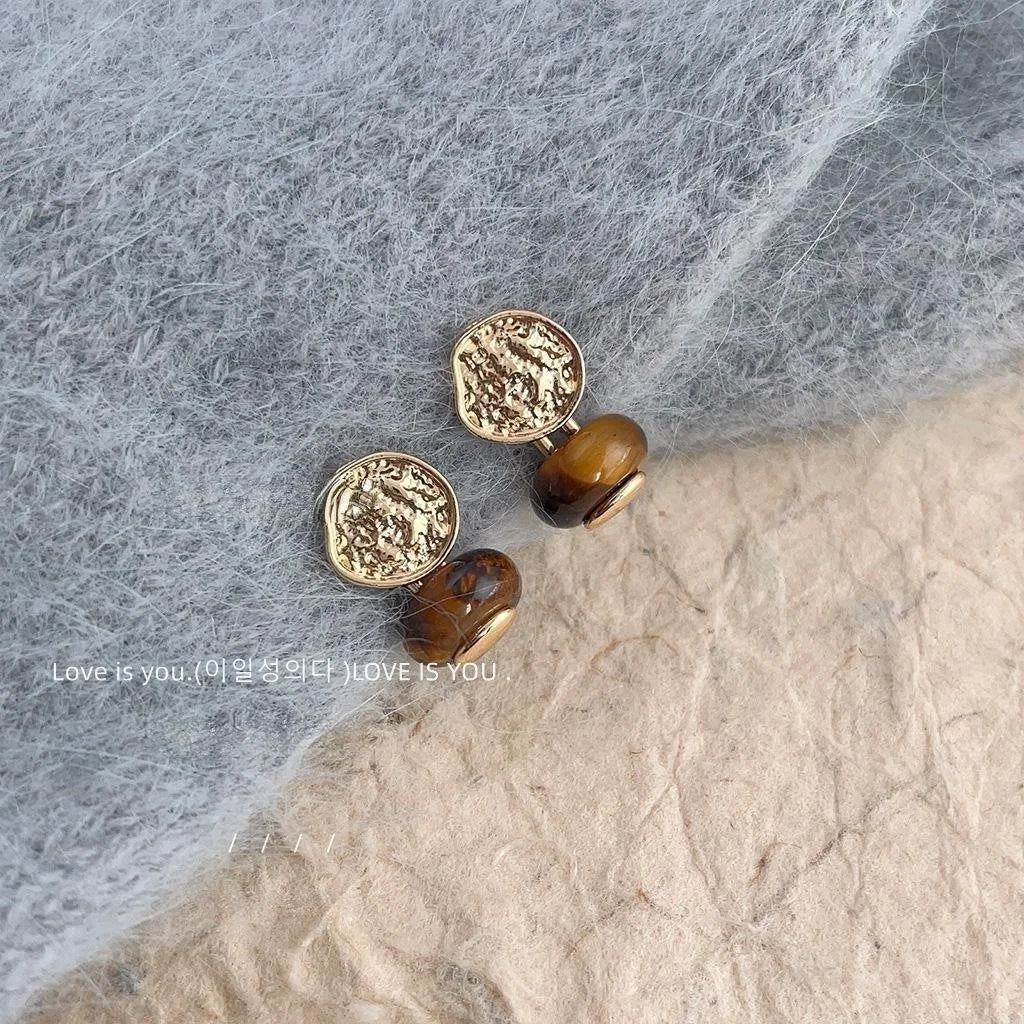 Vintage Geometric Oval Tiger Eye Stone Drop Earrings With 14K Plated
