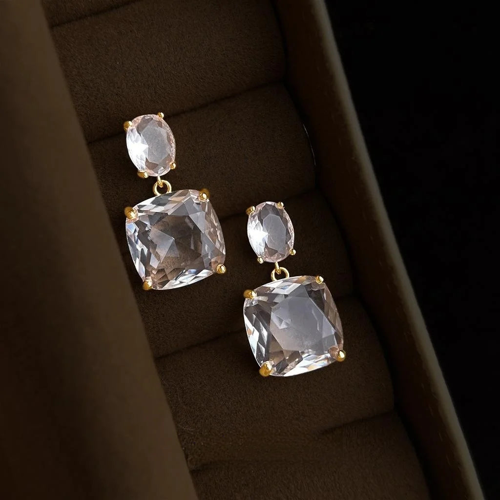 Light Luxury Cubic Zirconia Sugar Cube Geometric Drop Earrings French Banquet Minimalist Jewelry