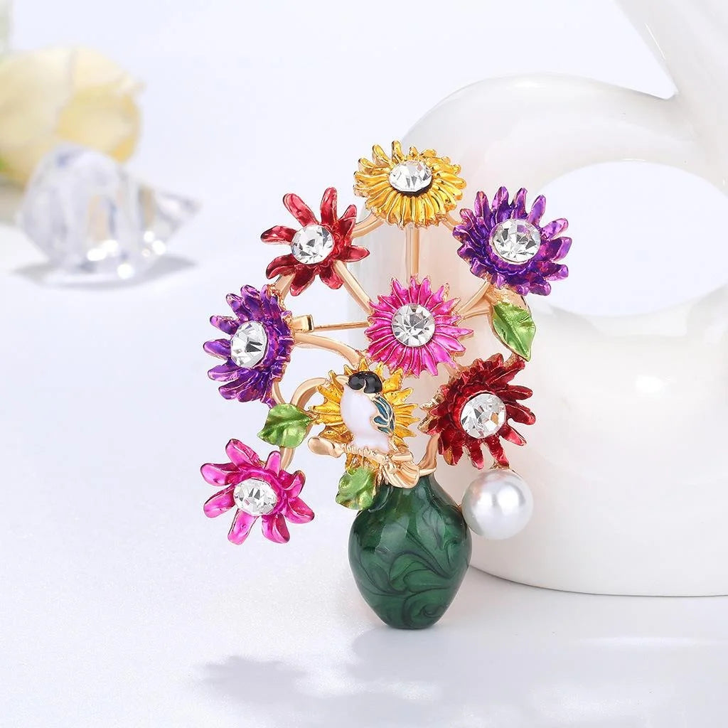 Elegant Enamel Daisy Bouquet Vase Brooch With Rhinestones And Pearl, Alloy Floral Lapel Pin Suit Accessory Gift