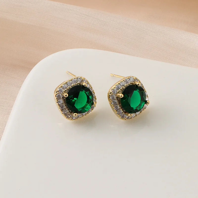 Elegant Luxury Emerald Green Oval Zircon Rhinestone Halo Geometric Stud & Clip On No Piercing Alloy Earrings
