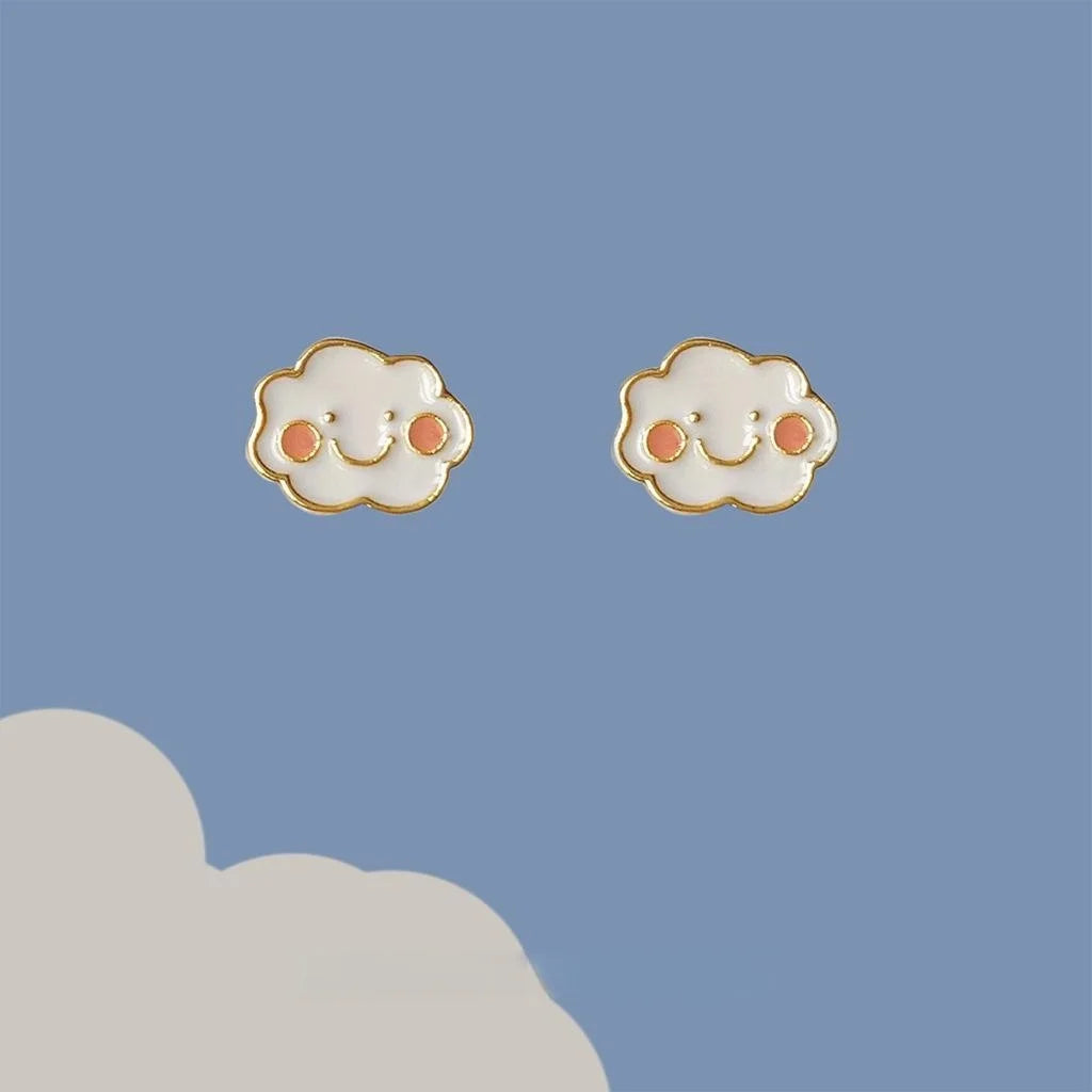Cute Minimalist White Cloud Enamel Copper 14K Gold Plated Stud Earrings