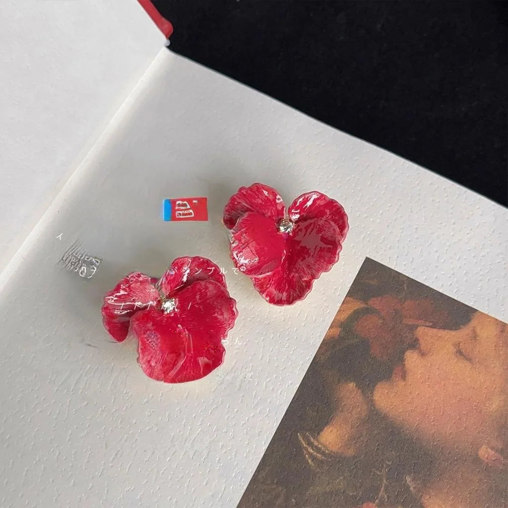 Clip On Copper Flower Drop Earrings Handmade Enamel Korean Japanese Statement Jewelry