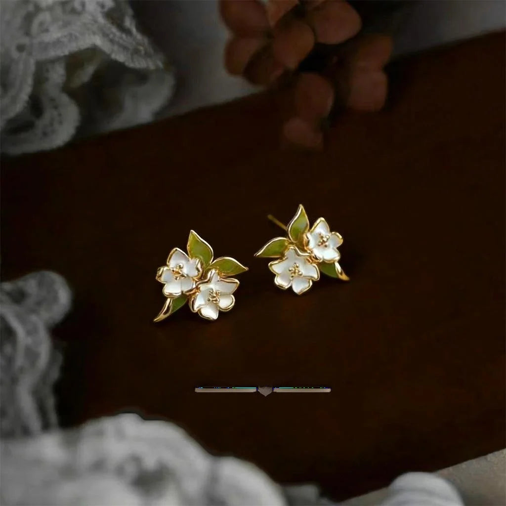 Pastoral Gardenia Flower Hand Painted Enamel Copper Stud Earrings