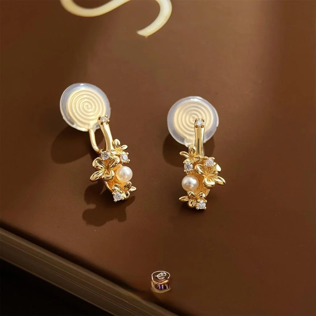French Vintage Floral Zircon Stud Earrings Copper Dainty Flower Petal Jewelry