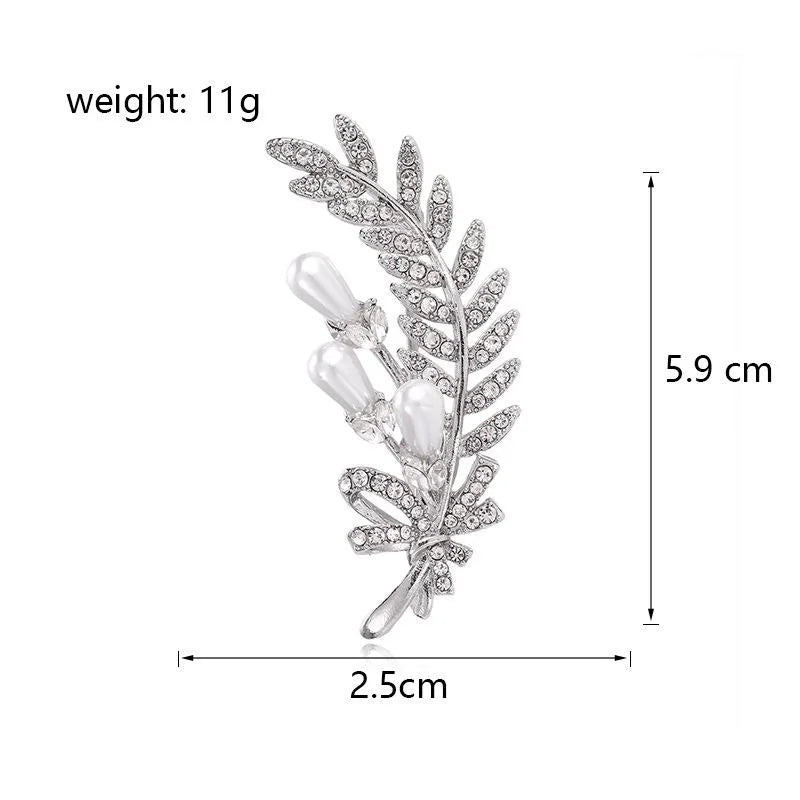 Elegant Wheat Leaf Brooch With Faux Pearl And Rhinestone Accents, Silver Alloy Lapel Pin Corsage Gift