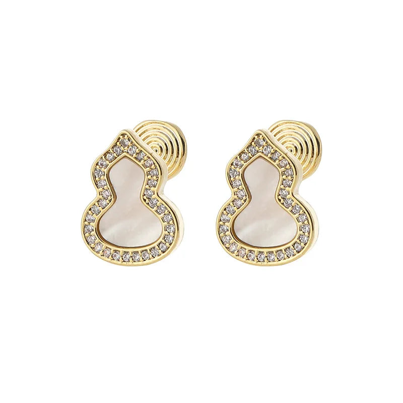 Elegant New Chinese Style Mother Of Pearl Gourd Rhinestone Alloy Stud & Clip On No Piercing Earrings