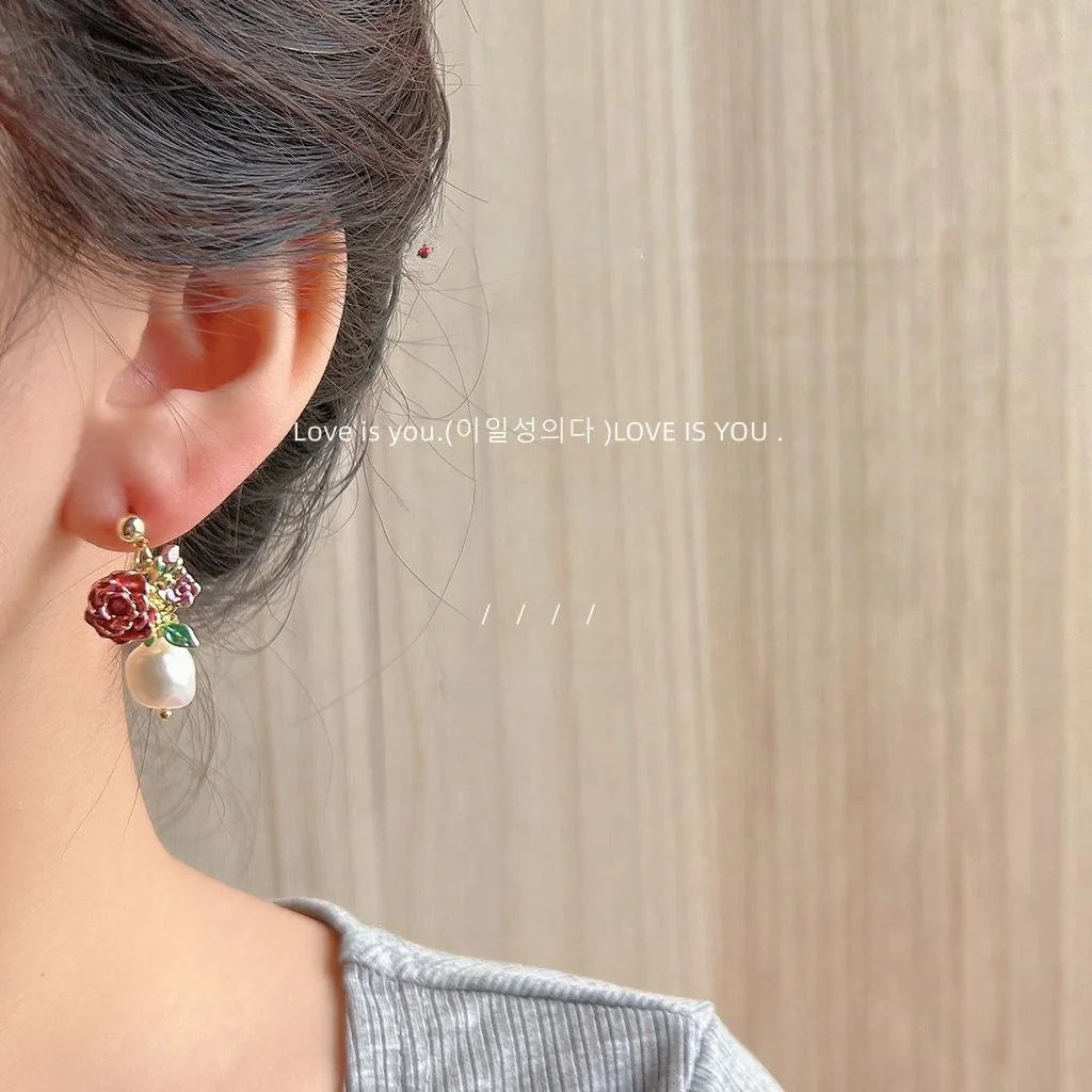 French Vintage Baroque Freshwater Pearl Asymmetric Flower Long Drop Earrings Silver Plated