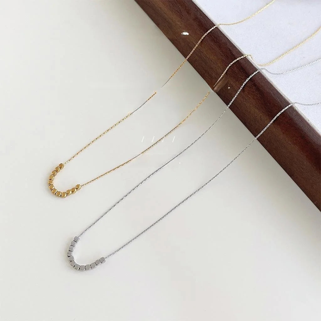 14K Gold Plated Copper Square Bead Collarbone Necklace For Women Minimalist Geometric Jewelry