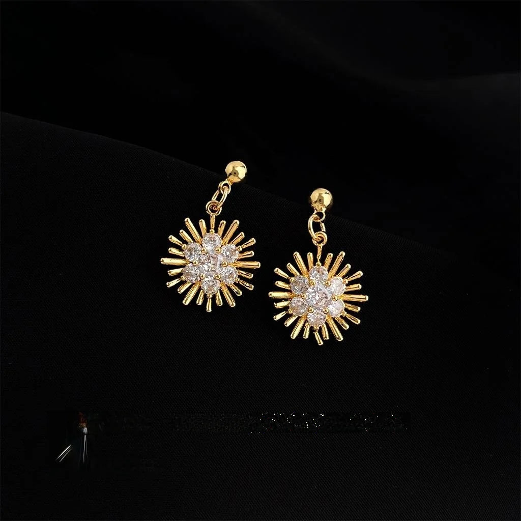 Luxury Copper Zircon Sunflower Drop Earrings Minimalist Geometric Floral Jewelry