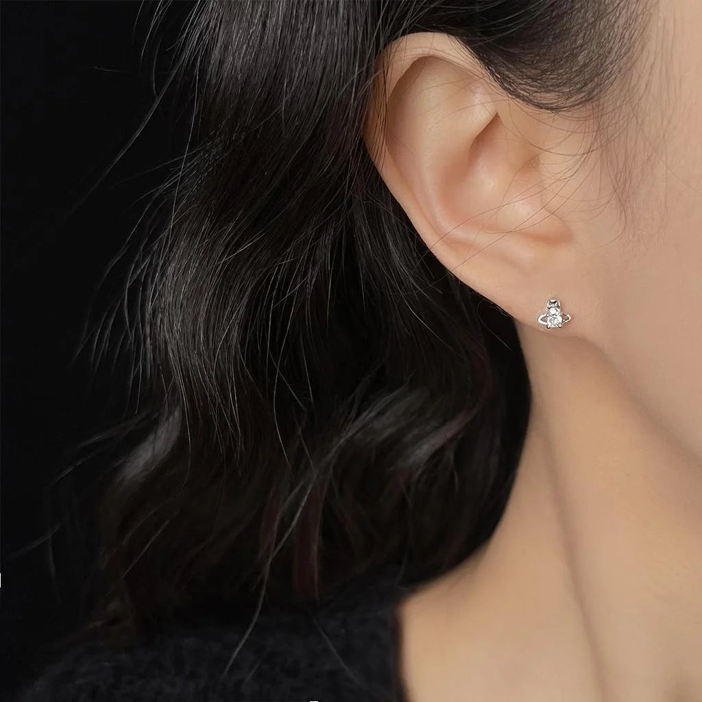 Mini Saturn Zircon Stud Earrings For Women, Copper, Simple Geometric Style
