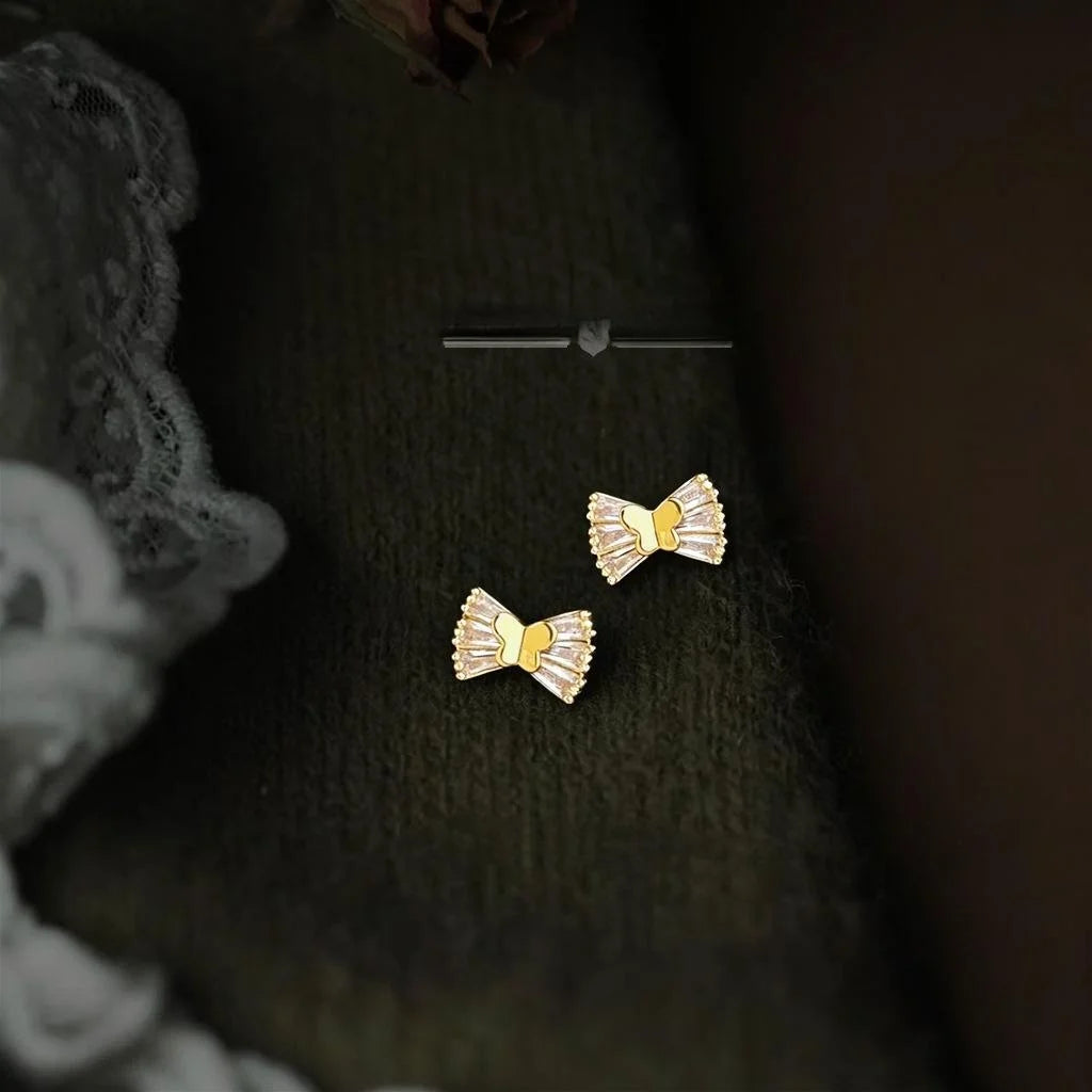 Sweet Minimalist Copper Micro Pave Zircon Bowknot Mini Stud Earrings