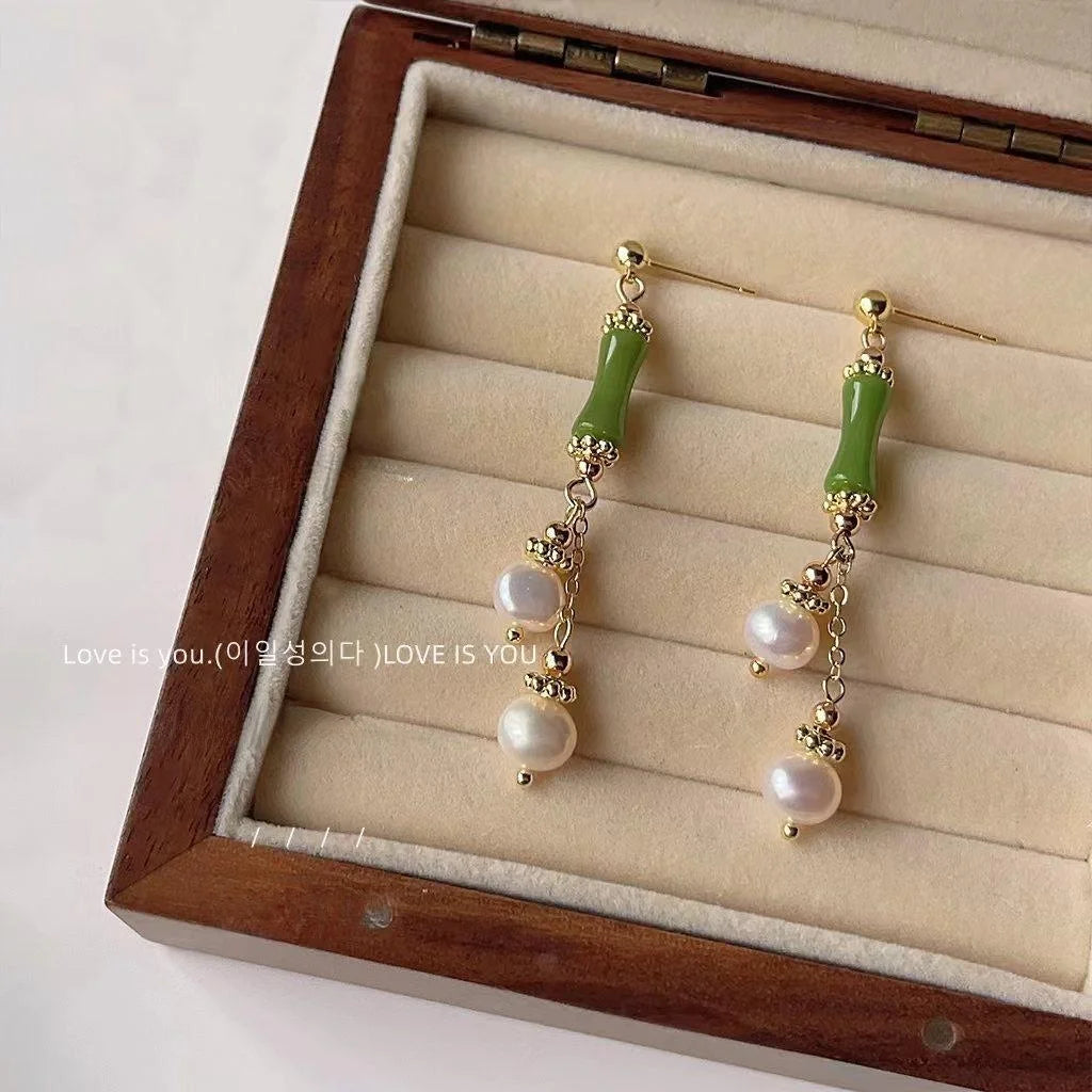 Original Design Copper Stud Earrings With Freshwater Pearl Tassel Bamboo Geometric Forest Style