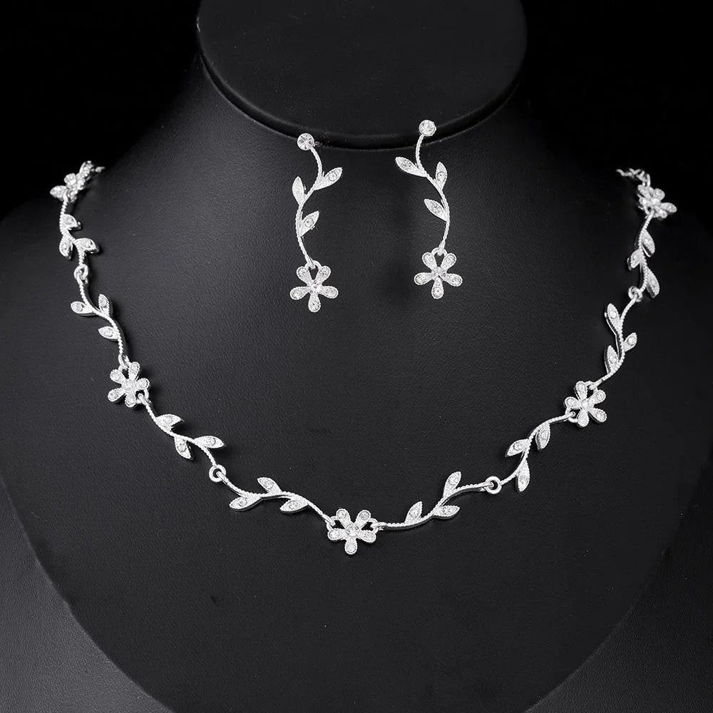 Rhinestone Floral Vine Necklace And Earrings Jewelry Set Elegant Bridal Wedding Party Jewelry Gift