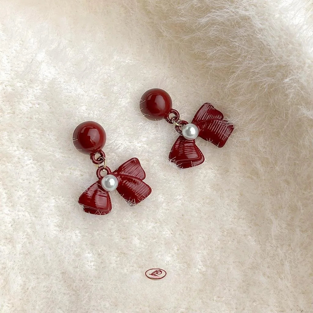 Burgundy Enamel Metal Bow Drop Earrings Retro Hong Kong Style Autumn Winter Jewelry