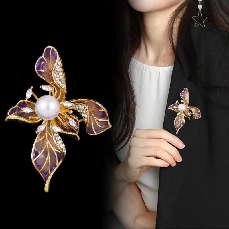 Luxury Vintage Iris Flower Brooch With Pearl Rhinestone Pink Enamel Petals, Elegant Lapel Pin Gift