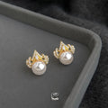 Copper Queen Crown Stud Earrings With High Gloss Pearl Zircon, Elegant Luxury